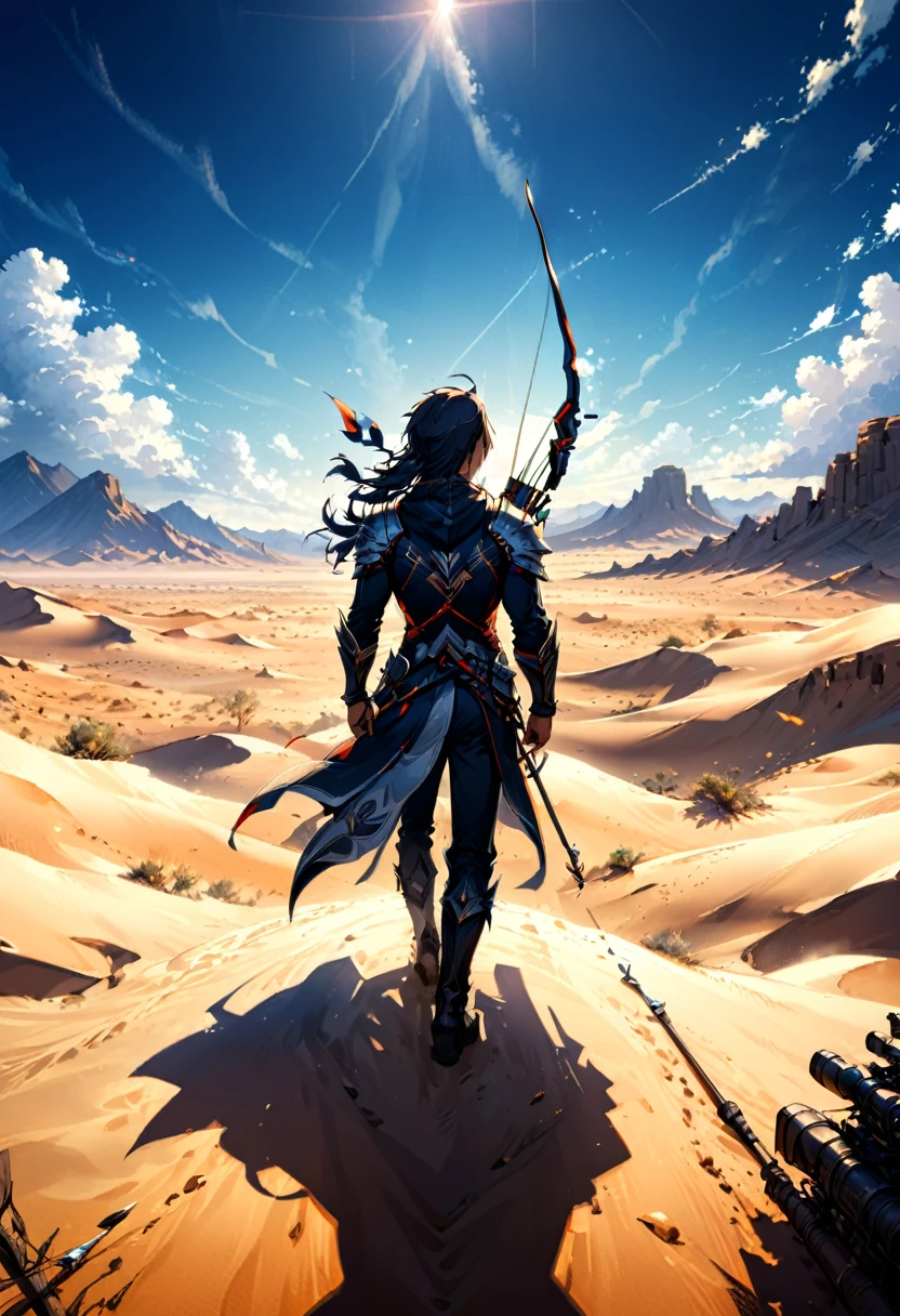 (Archer, bow and arrow), archer is in a desolate desert, alert to the dangers around him. The background is the desert and the vast sky, full body, (Photography), panoramic view, award-winning, cinematic still, emotional, vignette, dynamic, vivid, (masterpiece, best quality, Professional, perfect composition, very aesthetic, absurdres, ultra-detailed, intricate details:1.3)