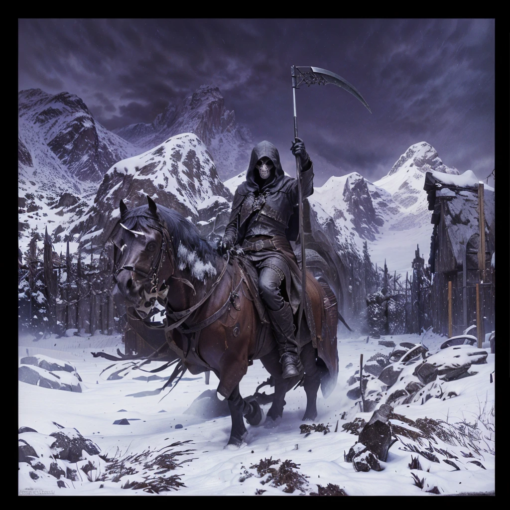 hooded death on horseback with a scythe in the snow, A dark (hooded) figure, with the face of death depicted as a skull, holding an hourglass in his right hand and raising an imposing oz with his left hand, dark fantasy oil painting, cinematic lighting, detailed facial features, detailed clothing, dramatic composition, moody colors, deep shadows, intricate background details, realistic rendering, masterpiece, cinematic lighting, photorealistic, highly detailed, dramatic atmosphere, chiaroscuro, muted color palette, intricate details, mystical and foreboding tone