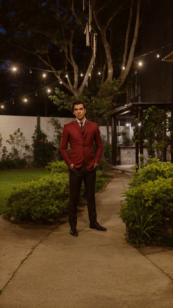 change clothes, for an elegant brown and green suit with a white tie