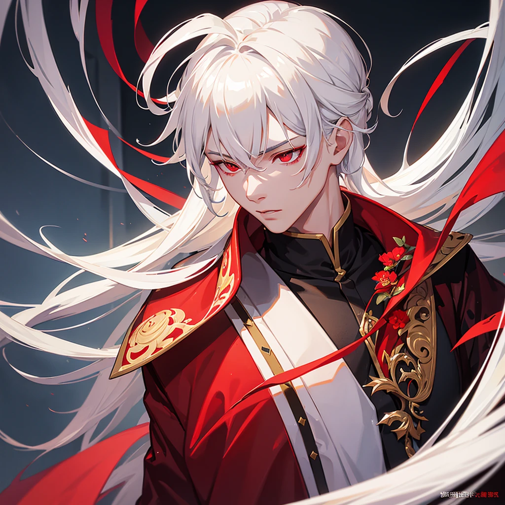 a young man with white hair and red eyes, chinese style outfit, solar obsidian aura, detailed facial features, detailed clothing, highly detailed, 8k, photorealistic, digital art, cinematic lighting, dramatic lighting, fantasy,