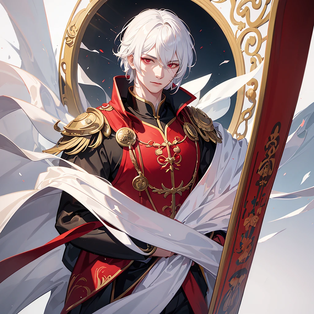 a young man with white hair and red eyes, chinese style outfit, solar obsidian aura, detailed facial features, detailed clothing, highly detailed, 8k, photorealistic, digital art, cinematic lighting, dramatic lighting, fantasy,
