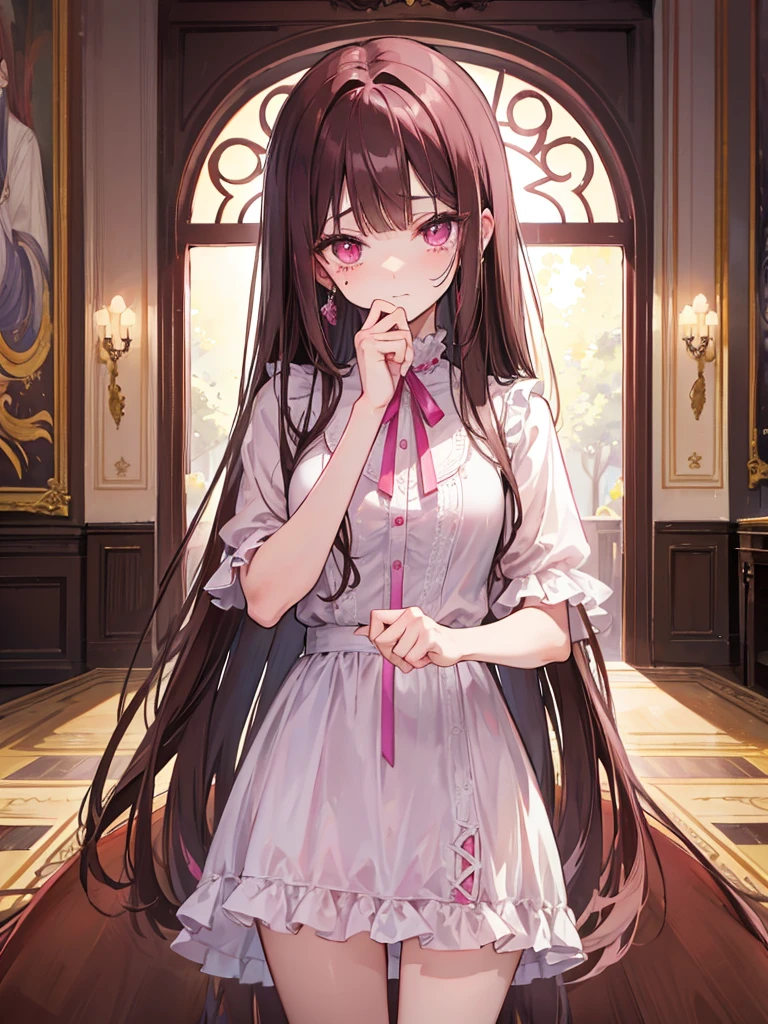 , pink eyes, long curry brown hair, background in mansion. she so shy. crying.