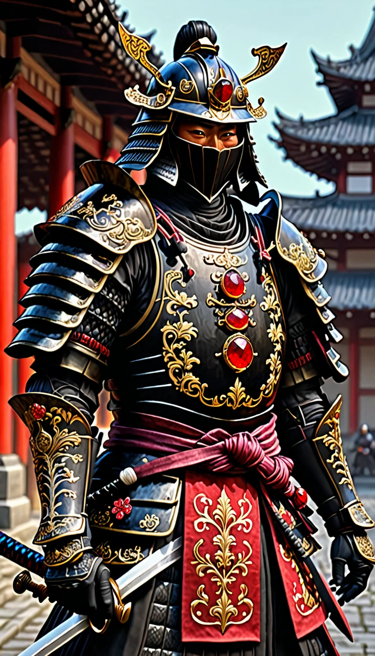 Black medieval samurai with Ruby details, exuberant and imposing armor 