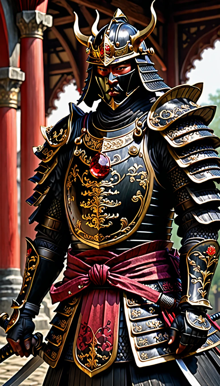 Black medieval samurai with Ruby details, exuberant and imposing armor 