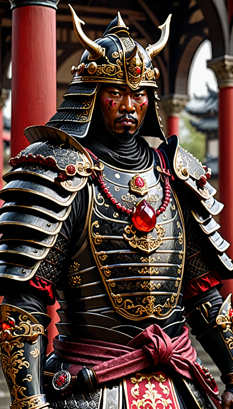 Black medieval samurai with Ruby details, exuberant and imposing armor 