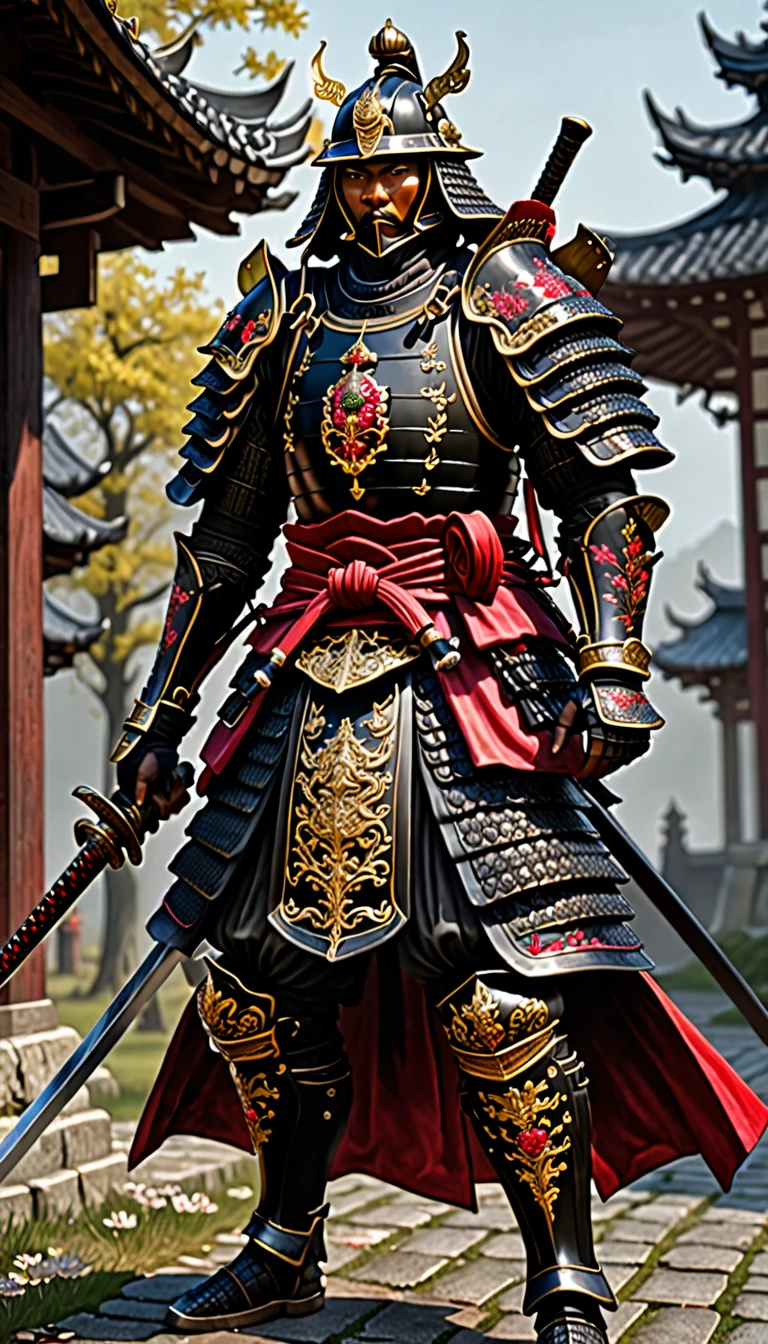 Black medieval samurai with Ruby details, exuberant and imposing armor 