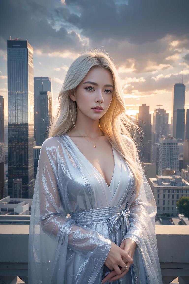 a beautiful chic women wearing chic attire, subtle makeup, platinum blonde hair, confident pose, with a cityscape background during golden hour goddess, pattern cloak, patterned chiffon robe,(phoenix pattern),windy, wet_clothes, wet hair,white background, Dreamy clouds, spit a blue pentagram light, crystal and silver entanglement highly detailed, extremely detailed, photorealistic, high detail, wallpaper award, winning hyper realistic, ultra detailed, high definition, crisp quality, Ultra realistic. RAW photo, high quality, detail, virtual photographer, photo mode, elegant, high detail, digital painting, concept art, HDR, CGI, by Jeremy Lipking, by Katsuhiro Otomo, by Raymond Swanland, by Antonio Manzanedo