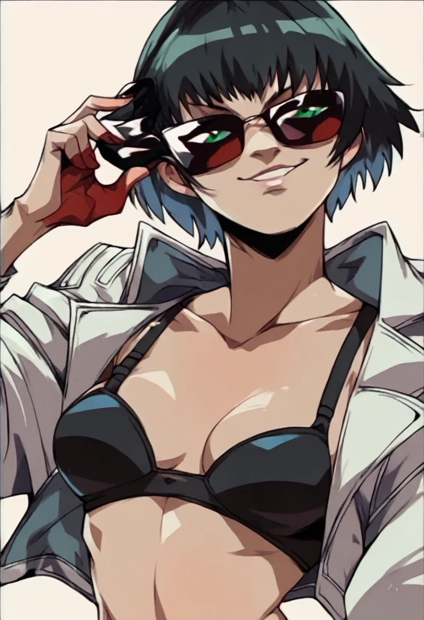 rating_explicit, lady (from devil may cry 5:1.1), black short hair, green eyes, perfect face, black bra, white jacket, naughy smile, sunglasses, black short, black thong panties