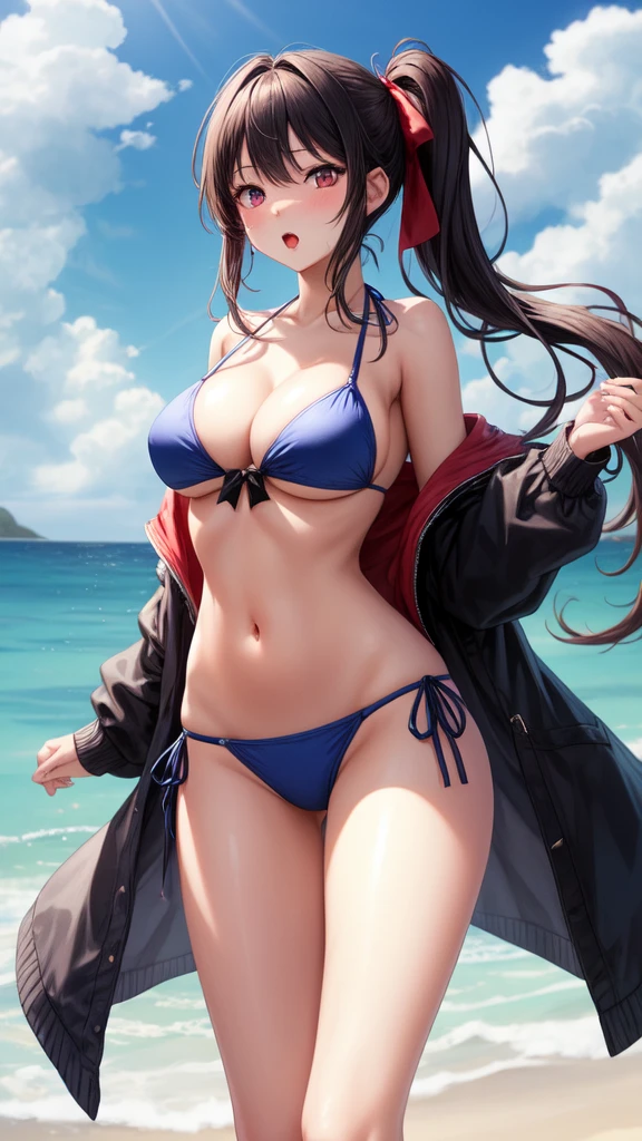 1girl,:o,ass_visible_through_thighs,bikini,blue_bikini,blue_bow,blue_sky,blush,bow,breasts,cleavage,cloud,cloudy_sky,collarbone,commentary,cowboy_shot,day,groin,hair_bow,halterneck,highleg,highleg_bikini,highres,large_breasts,long_hair,long_sleeves,looking_at_viewer,navel,open_clothes,open_mouth,open_shirt,original,outdoors,parted_lips,red_eyes,rikudou_inuhiko,see-through,shirt,side_ponytail,sidelocks,skindentation,sky,solo,standing,stomach,string_bikini,swimsuit,symbol-only_commentary, best quality, masterpiece, nai3