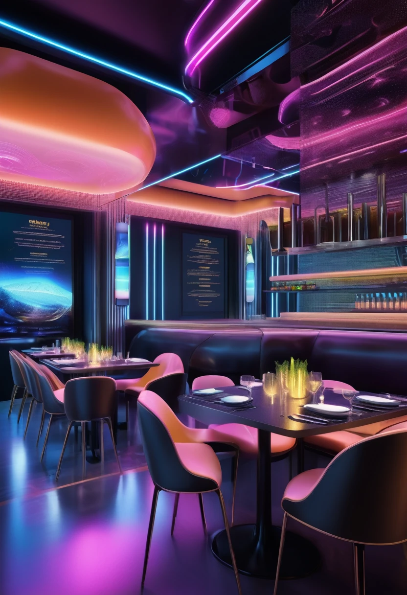 a highly advanced artificial intelligence, a futuristic restaurant, a restaurant menu strategist, a restaurant promotion planner, an AI planning expert, intricate digital technology, detailed user interface, glowing holographic displays, sleek and modern restaurant interior, advanced analytics software, complex algorithms, precise menu optimization, data-driven promotional campaigns, vibrant neon lighting, metallic accents, glass and steel architecture, seamless integration of technology, artificial intelligence, innovative restaurant management