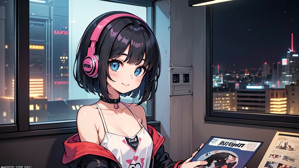 1 girl, solo, blue eyes, (detailed eyes), flat chest, short hair, black hair, upper body, gentle smile on her face, sitting up straight((masterpiece, illustration, best quality) A very detailed beautiful woman, Perfect face,Black Hair, bob cut,Bangs, ,night light through the window, night vibes, Room, 2d, (long shot), , vinyl plastic record shop, (masterpiece, best quality, best quality, Official Art, beautiful and aesthetic: 1.2), Solitary, Cyberpunk, vinyl plastic, night, wearing headphones