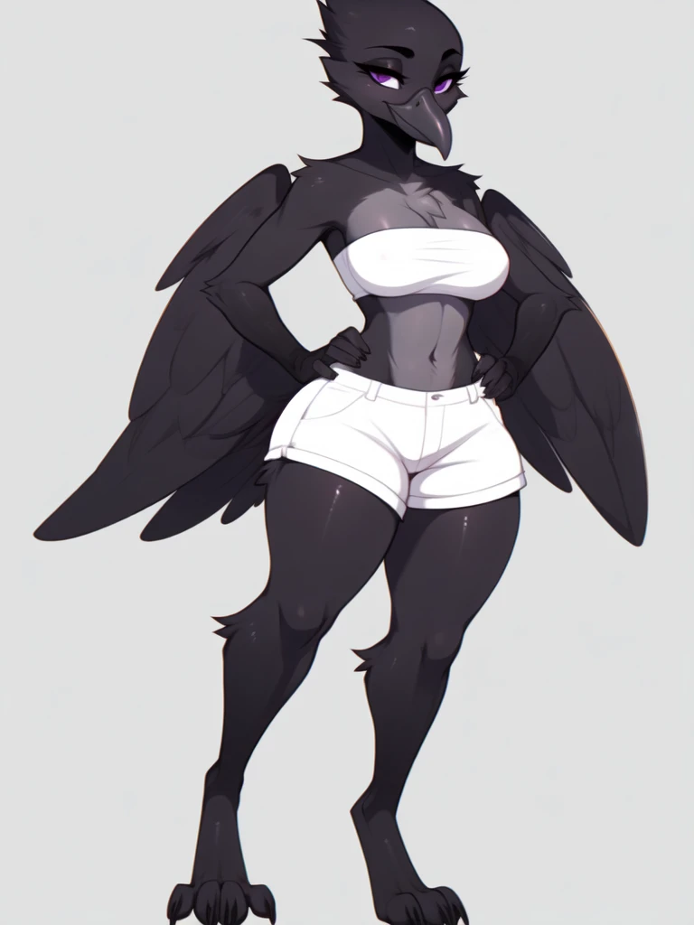 By fumiko, by hyattlen, by claweddrip, flat colors, an Anthropomorphic avian crow girl, female, small grey beak, tall and slender, small crow tail, black body, standing, white background, purple eyes, hands with five fingers, wearing white bandeau, white short shorts, full body shot, plantigrade bird feet with three toes,