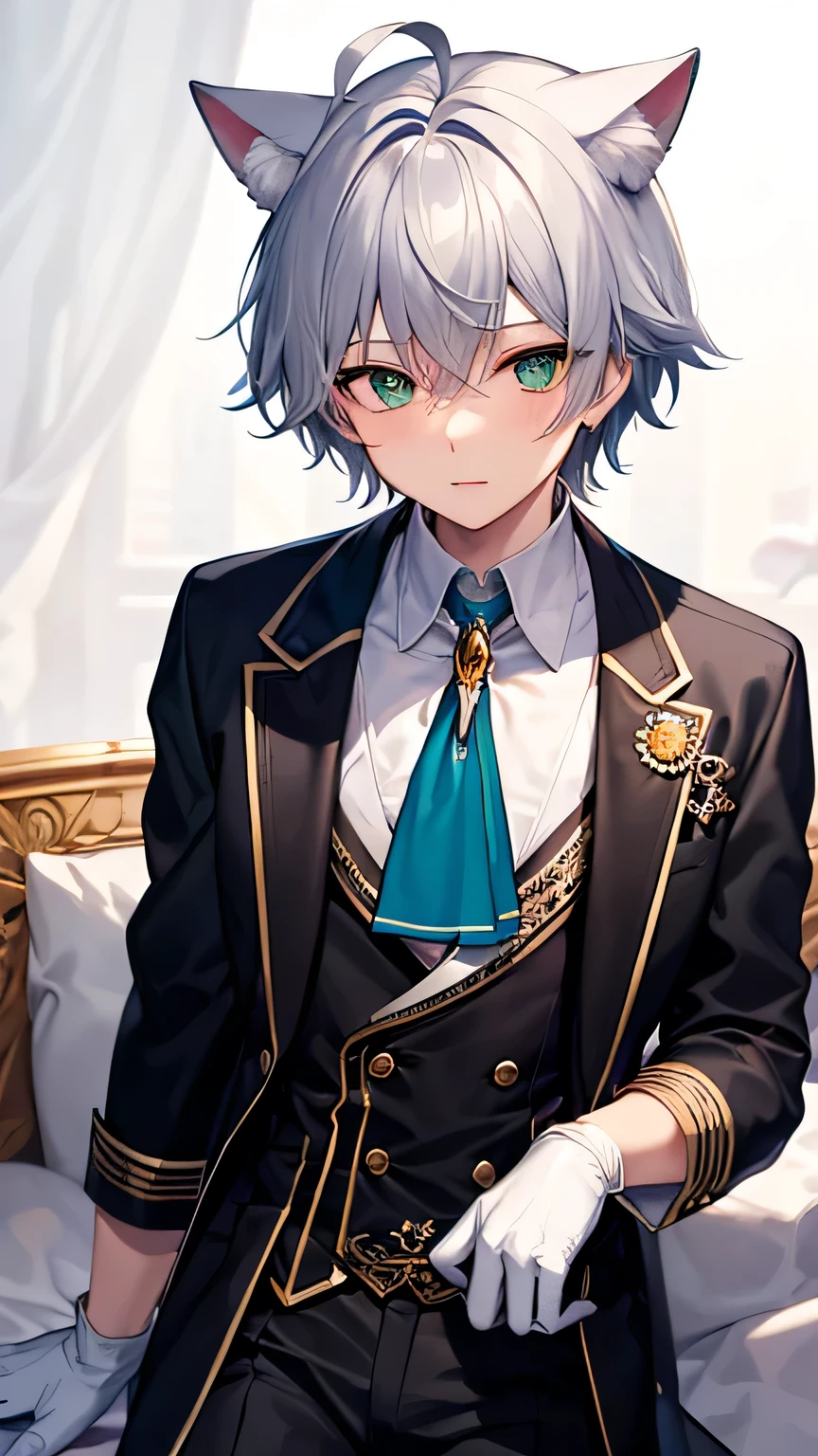 Cat Boy, Cat ear, Cat&#39;s Tail, cat&#39;s eyes, silk Have, 
One boy, Emerald green eyes, Silver Hair, Gray Hair, Striped Hair, gloves, top Have, white gloves, Blue hat, Ahoge, black gloves, Long sleeve, Ascot, jewelry, brooch, Black Hat, Frills, Gray Hair, Striped Hair, gloves, Have, white gloves, Blue hat, Ahoge, black gloves, Long sleeve, Ascot, jewelry, brooch, Black Hat, Frills, One boy