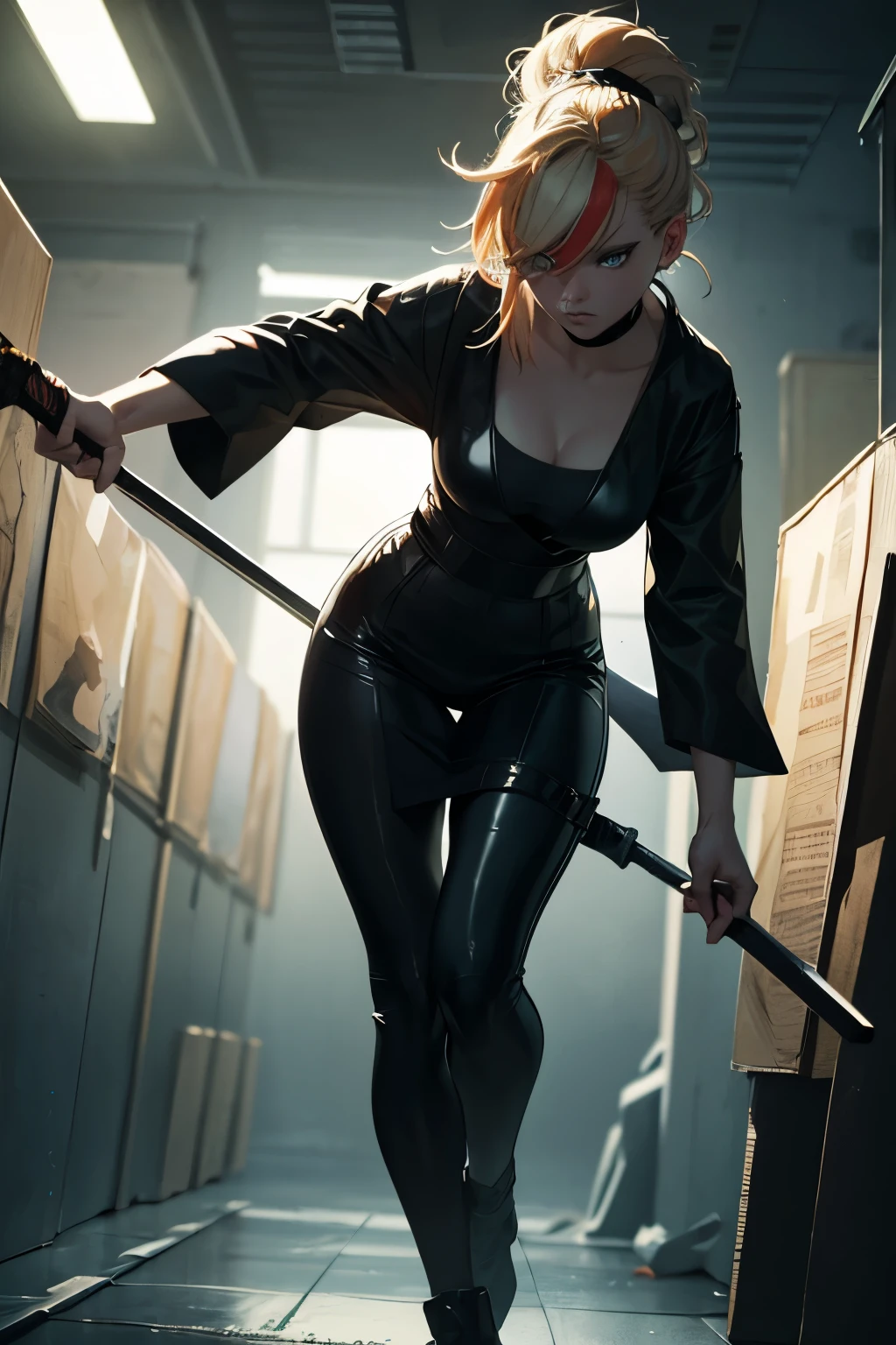 a woman in a black outfit holding a sword, elegant pose, inspired by Kusumi Morikage, inspired by Kanō Hōgai, inspired by Kano Sanraku, inspired by Kawabata Ryūshi, female samurai, Japanese anime style, anime character style, detailed portrait, cinematic lighting, highly detailed, digital painting, masterpiece, intricate details, cinematic composition, award winning digital art, sharp focus, photorealistic, 8k, vibrant colors, dramatic lighting, chiaroscuro, moody atmosphere, full body shot,