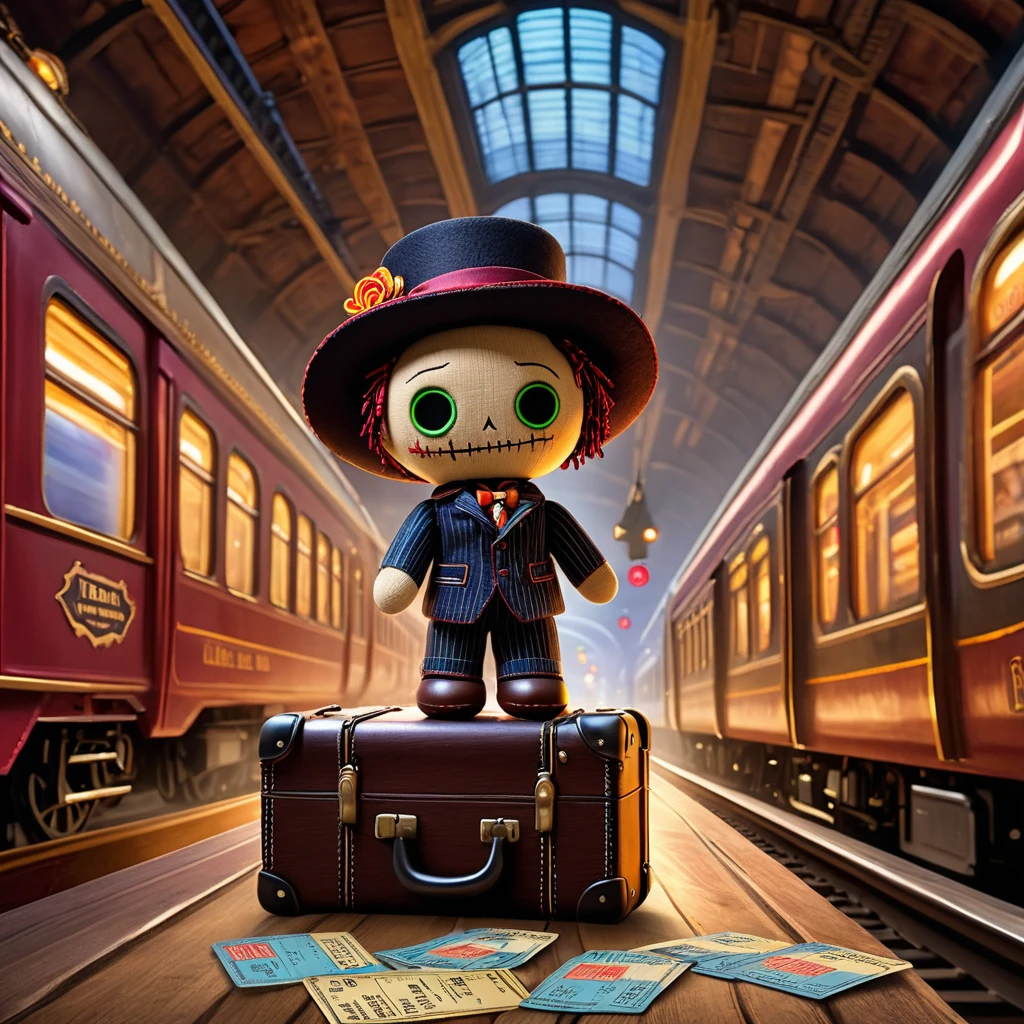 (knitted toy voodoo doll:1.2), (Voodoo Train Traveler:1.3), (Clothing: travel attire with train patterns:1.0), (Accessories: enchanted suitcase, glowing train ticket, magical travel journal:1.2), (background: bustling train station with floating tickets, glowing signs, and mystical passengers:1.2), best quality, masterpiece, detailed soft oil painting, detailed background, dramatic cinematic lighting, soft edge lighting, professional, dramatic lighting, hard edge lighting, ultra quality, 4k,masterpiece, best quality, 8k, ultra highres, highres, extremely detailed
