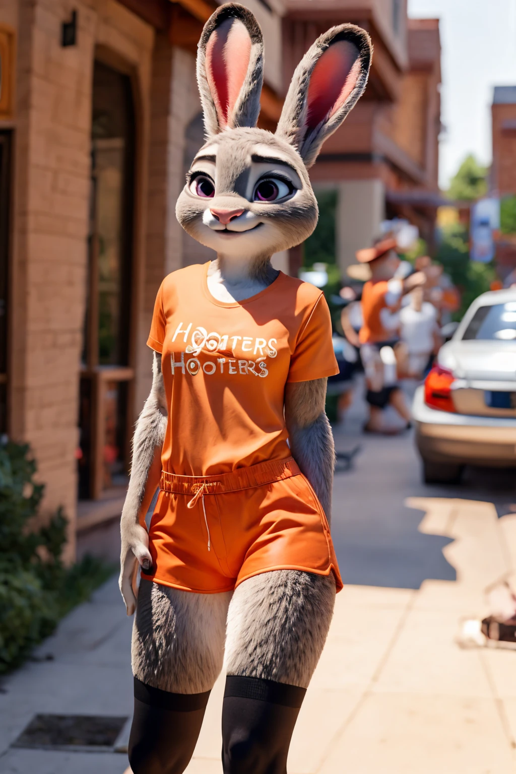 judy hopps with hooters suit,shorts,stockings,t-shirt,RAW,high quality,fur realistic,real life,design for disney on extreme details
