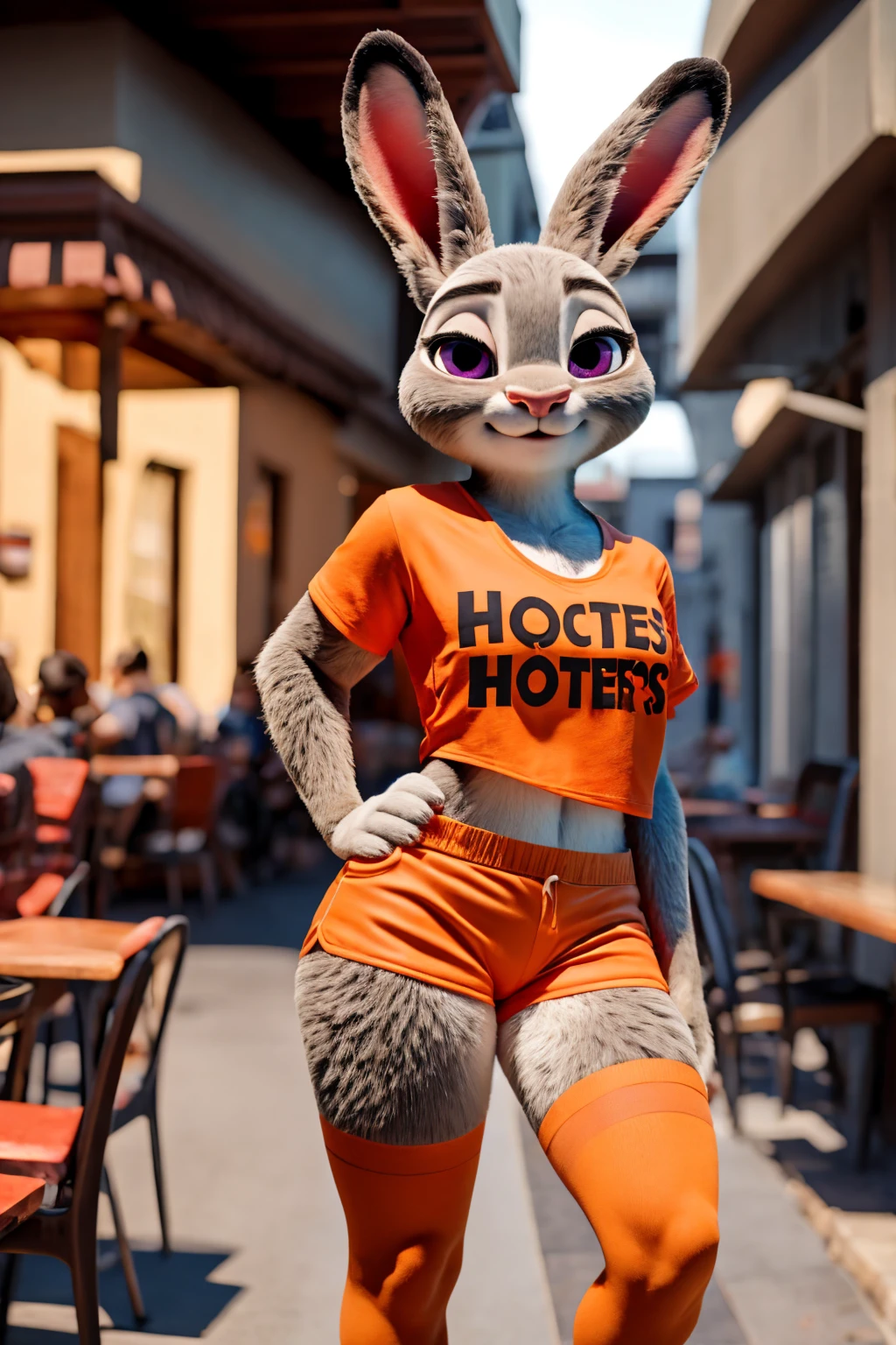 judy hopps with hooters suit,shorts,stockings,t-shirt,RAW,high quality,fur realistic,real life,design for disney on extreme details
