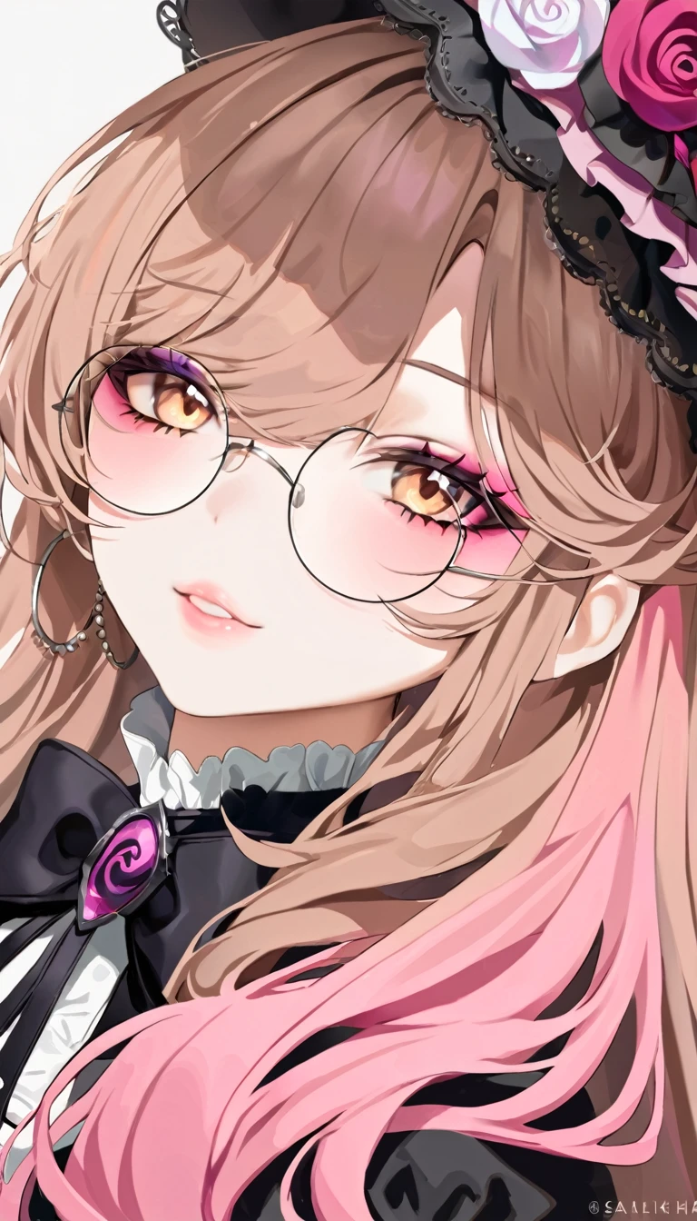 a close up of a woman wearing a hat and round circle glasses, (half pink half brown hair:1.3), portrait of magical lolita girl, lolita style, portrait of radical lolita girl, belle delphine, victorian gothic lolita fashion, lolita fashion, black gothic lolita dress, portrait of lolita, portrait of magical girl, gothic maiden anime girl, lolish, sakimichan, rococo cyberpunk, dreamy gothic girl