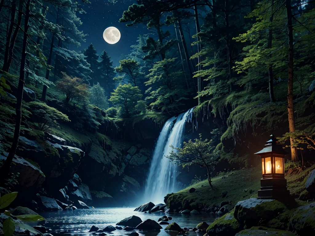 Beautiful forest Detailed owl image Moonlit night Valley waterfall Masterpiece Detailed moon Fine detailing