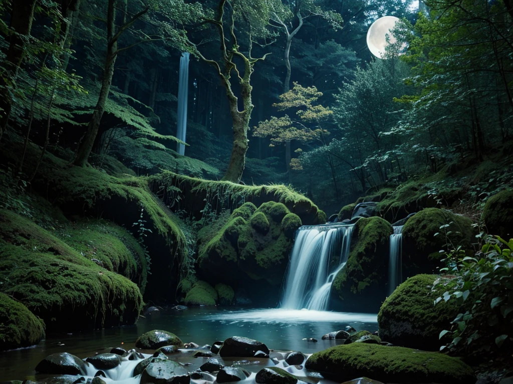 Beautiful forest Detailed owl image Moonlit night Valley waterfall Masterpiece Detailed moon Fine detailing