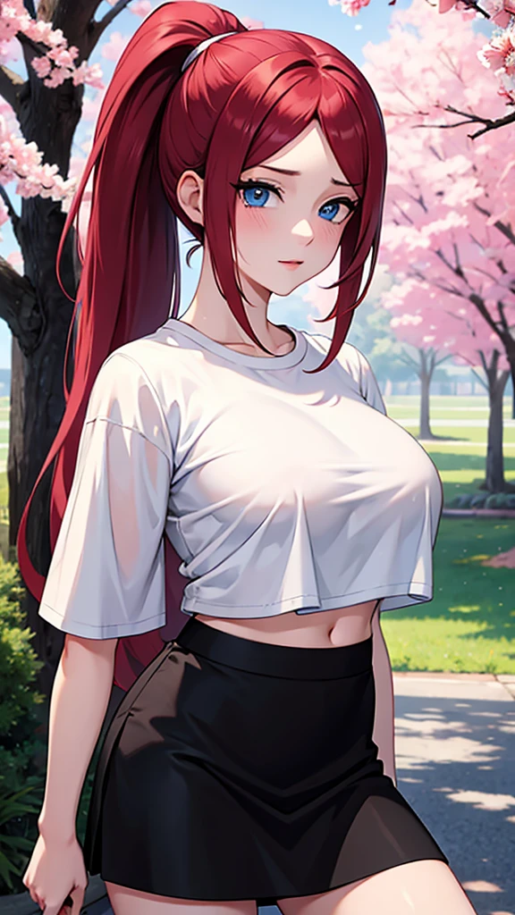 best quality, highres,uzumaki_kushina,Slender、small face、blue eyes、tall、In town、long hair、ponytail,(white short sleeve t-shirt:1.4 BREAK)、(black skirt:1.2)、(beautiful woman:0.45)、25 years old、Mature、midriff peek,(off-the-shoulder:0.45)、(I can see the cleavage:0.45),face on front , standing,cherry trees,full body shot,huge breast, cleavage,navel