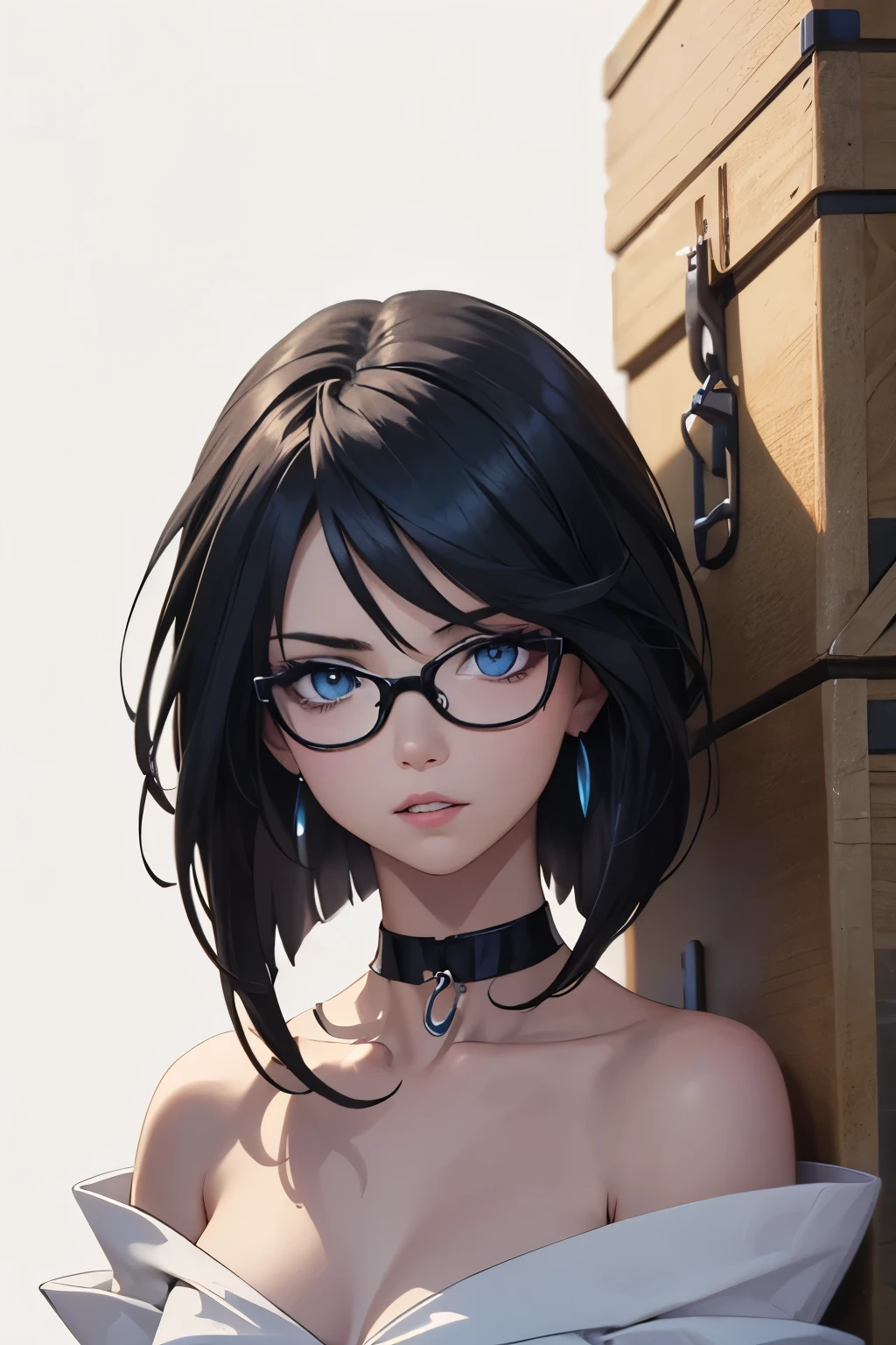 8 k wallpaper, work of art, film lighting, best qualityer, illustration, dramatic angle, ((Farbe: 1.1)), ((Farbe inner hair: 1.4)), 1 girl, standing alone, long hair, water, blue colored eyes, black glasses, choker, parted lips, white choker, liquid hair, Bblack hair, bangss, from boku, boku, trunk, simple background, fundo cinza, bared shoulders, portraite, Looking at the audience, white gown, hair between the eyes, White background, aretes,