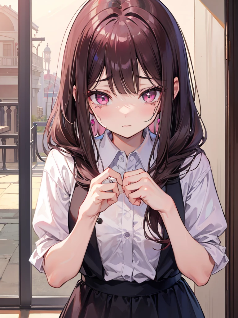 , pink eyes, curry brown hair, background in mansion. she so shy. crying.