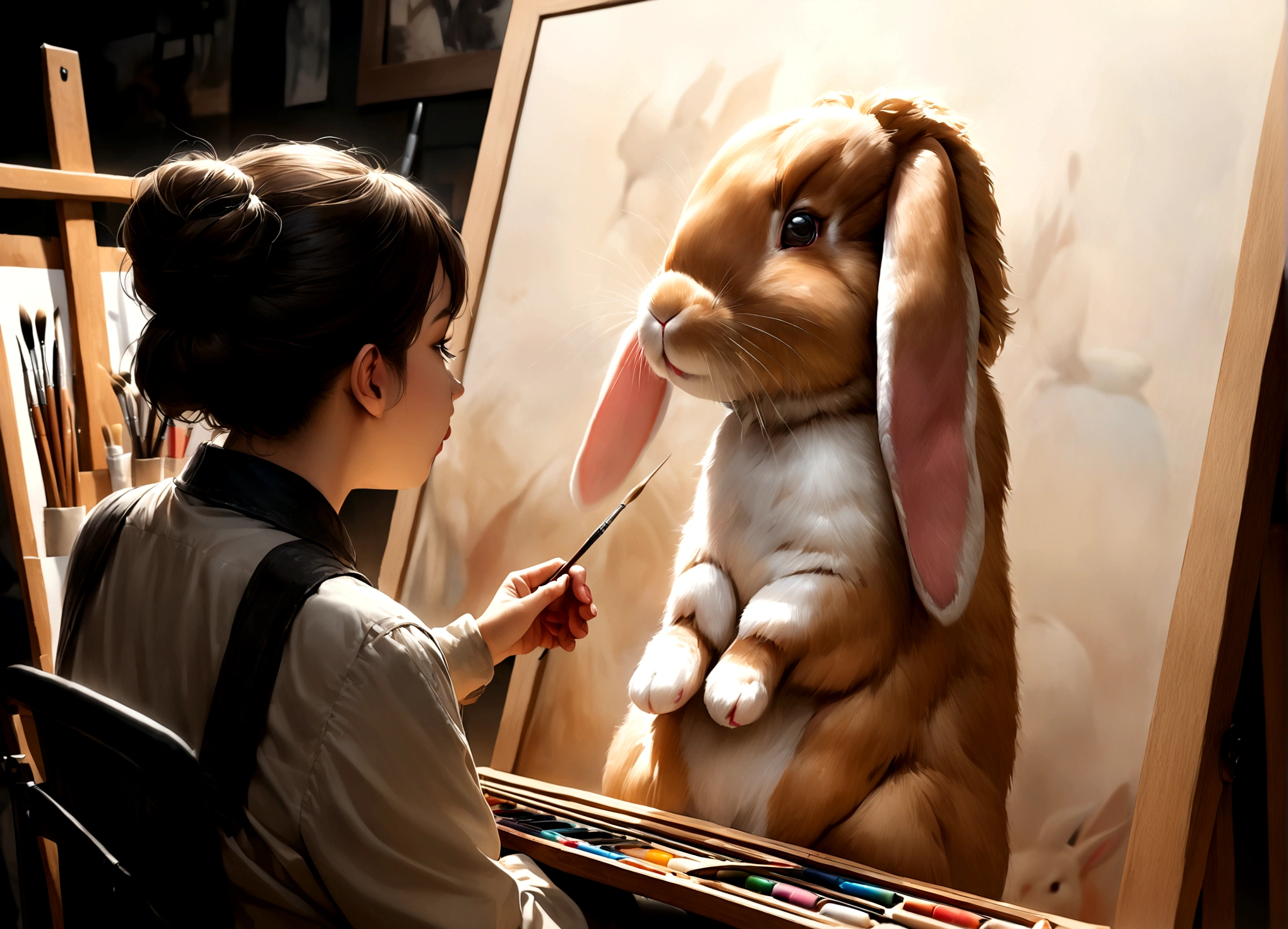 a skilled painter drawing a rabbit portrait in a studio, surrounded by art supplies, painting a detailed portrait with focus and precision, 1 rabbit, studio lighting, ultra-detailed, masterpiece, photorealistic, digital painting, vibrant colors, warm lighting, depth of field, intricate textures, highly realistic, hyperrealistic, exquisite details, studio setting, easel, brushes, palette, rabbit anatomy, elegant pose, intense gaze, soft fur, whiskers