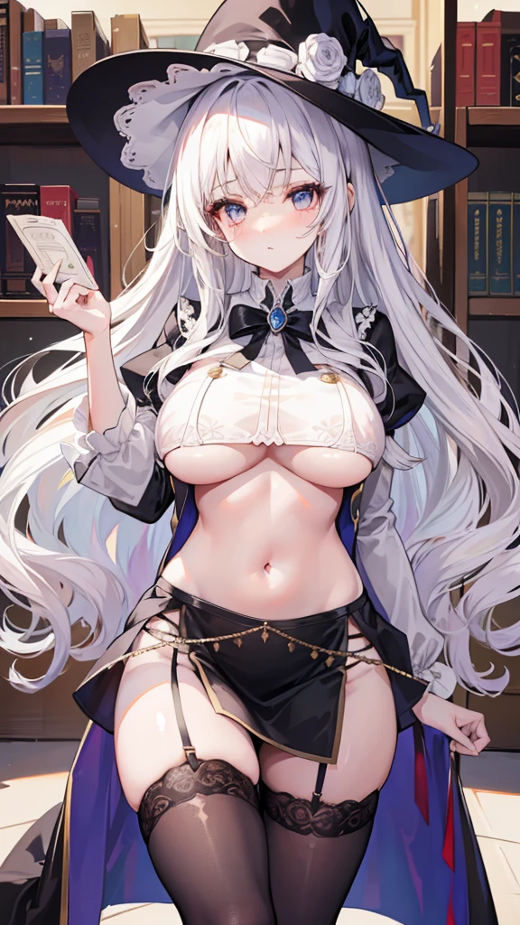 beautiful girl，White long hair，(curls)，Magician，(Magician长袍)，Black garter stockings，Peaked hat，In the library，((underboobs))，((Below the breasts))，((Lower breasts))，(Big Tits)，(super)