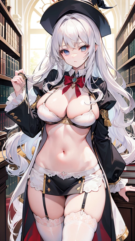 beautiful girl，White long hair，(curls)，Magician，(Magician长袍)，Black garter stockings，Peaked hat，In the library，((underboobs))，((Below the breasts))，((Lower breasts))，(Big Tits)，(super)