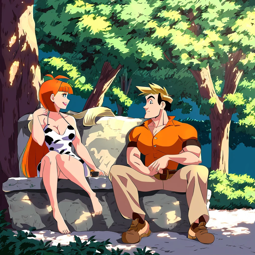 Fred and Wilma Flintstone sitting on a stone bench in the park