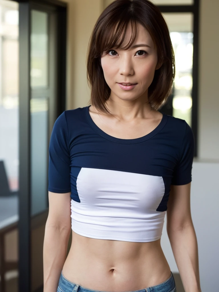 ((Highest quality, 8K, Ultra high definition)), ((masterpiece: 1.3)), (Perfect appearance), (Photorealism: 1.6), (AIF), (Portrait of a Japanese mature woman), (Japanese mature woman standing at the door), (Blurred Background: 1.8), ((A naked woman standing in the center of the screen)), ((Realistic skin texture)), (Fine lines all over the skin), (Dull skin), (Facial wrinkles), (Wrinkles around the eyes), double eyelid, Tear bags under the eyelids, (Short bangs), (Long Hair), (Disheveled Hair), (Slim body), (Small breasts, Flat Chest), (Small breasts), (T-shirt that fits the body: 1.4), (Bukkini Jeans), (Focus on the upper body),