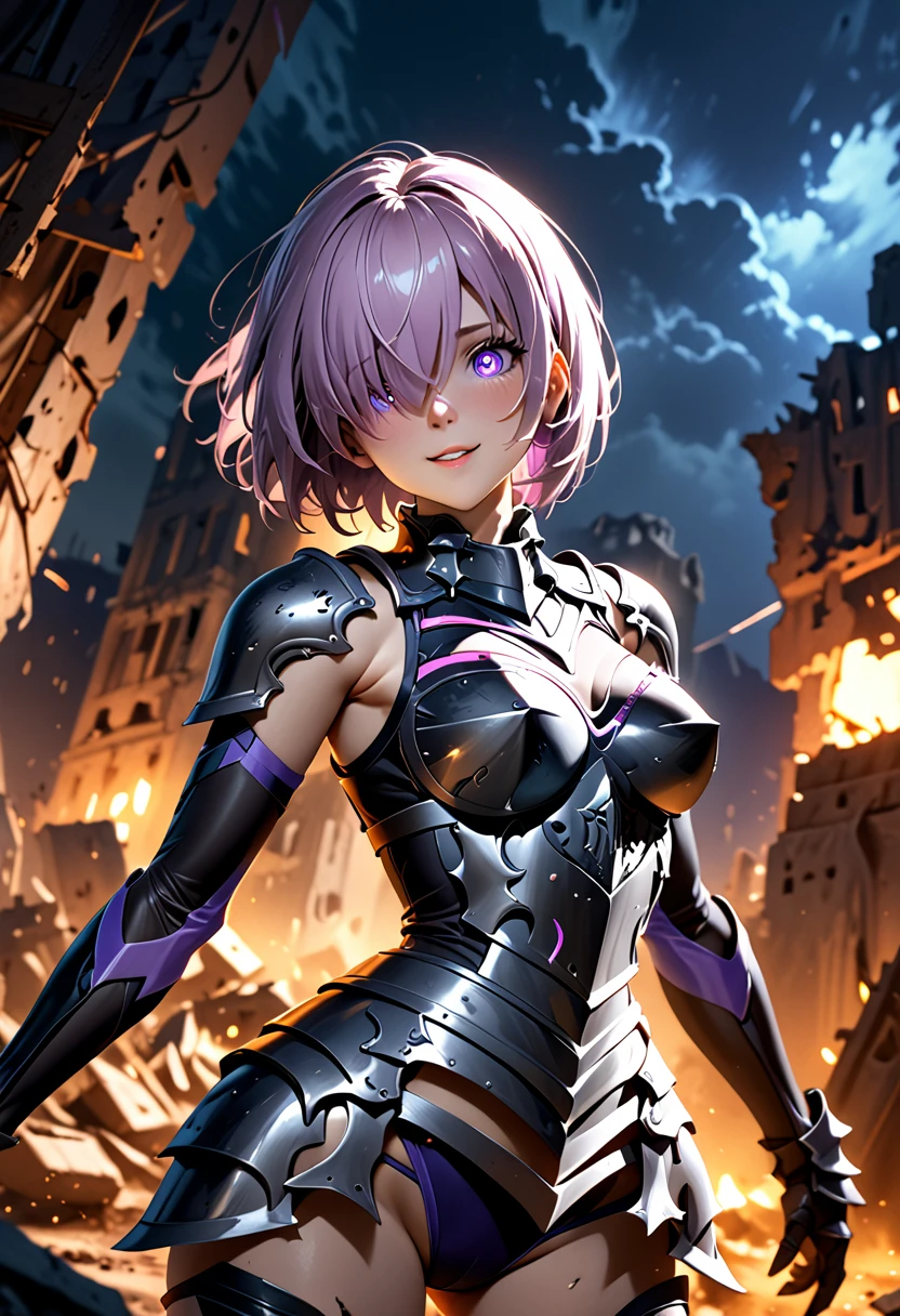 (masterpiece, top quality, best quality, beautiful and aesthetic:1.2), full body, SFW, extremely detailed, detailed face and eyes, cinematic light, depth of field, 1girl, seducing smile, solo, official, (full armored knight:1.4), dark armor, mash kyrielight, light purple hair, short hair, hair over one eye, slim body, cinematic lighting, dramatic lighting, dramatic atmosphere, hyper-realistic, high resolution, stunning contrast, high quality, best quality, 8k, 4k, intricately detailed, (amazing details:1.2), highly detailed skin, powerful presence, vibrant colors, (detailed eyes:1.2), striking eyes, (detailed background), (warzone on background, night, ruins), (dynamic angle:1.2), (dynamic pose:1.2) 