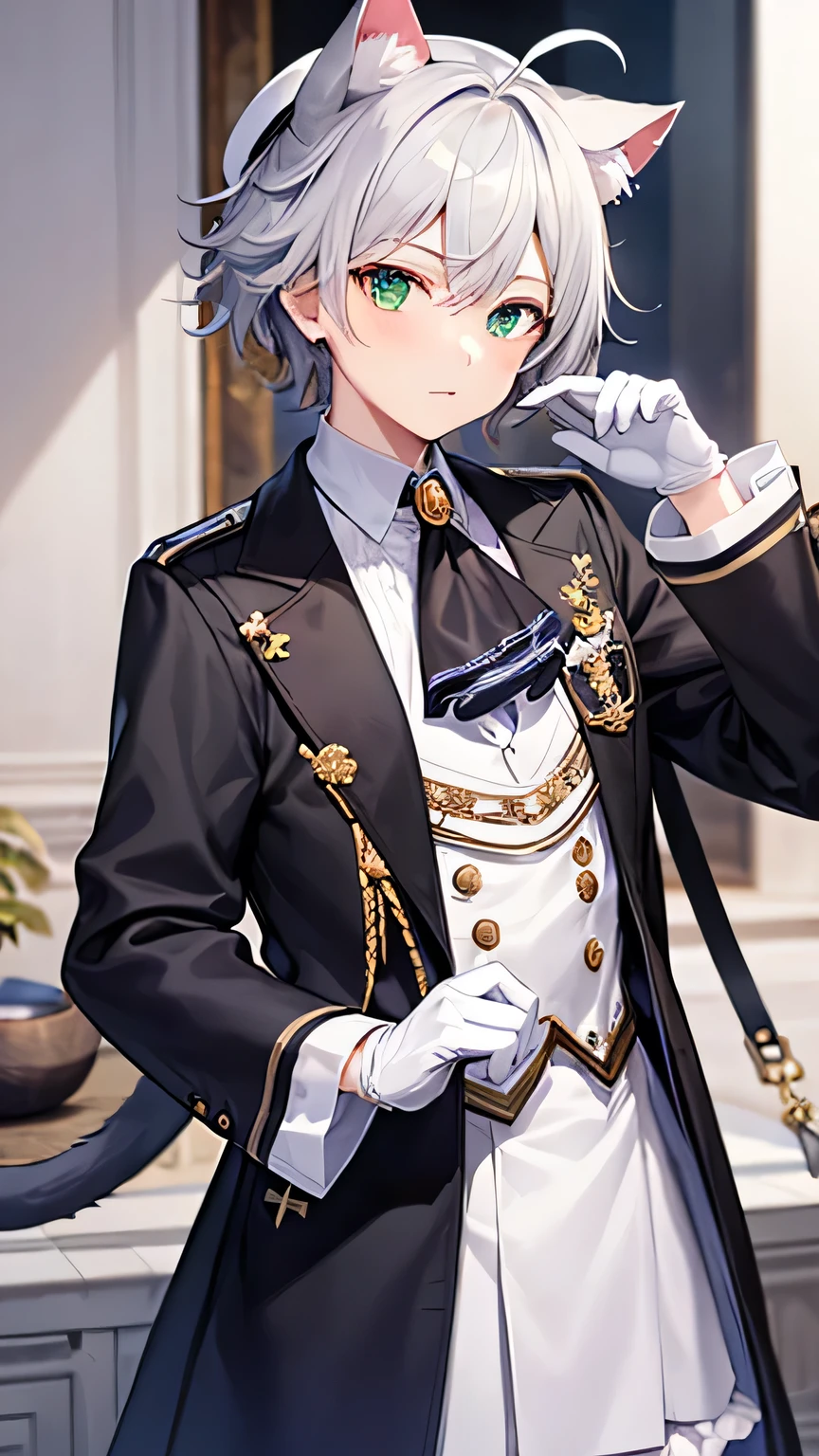 Cat Boy, Cat ear, Cat&#39;s Tail, cat&#39;s eyes, silk Have, 
One boy, Emerald green eyes, Silver Hair, Gray Hair, Striped Hair, gloves, top Have, white gloves, Blue hat, Ahoge, black gloves, Long sleeve, Ascot, jewelry, brooch, Black Hat, Frills, Gray Hair, Striped Hair, gloves, Have, white gloves, Blue hat, Ahoge, black gloves, Long sleeve, Ascot, jewelry, brooch, Black Hat, Frills, One boy