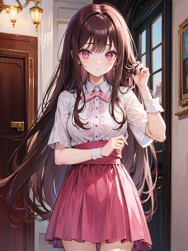 , pink eyes, long curry brown hair, background in mansion. she so shy.