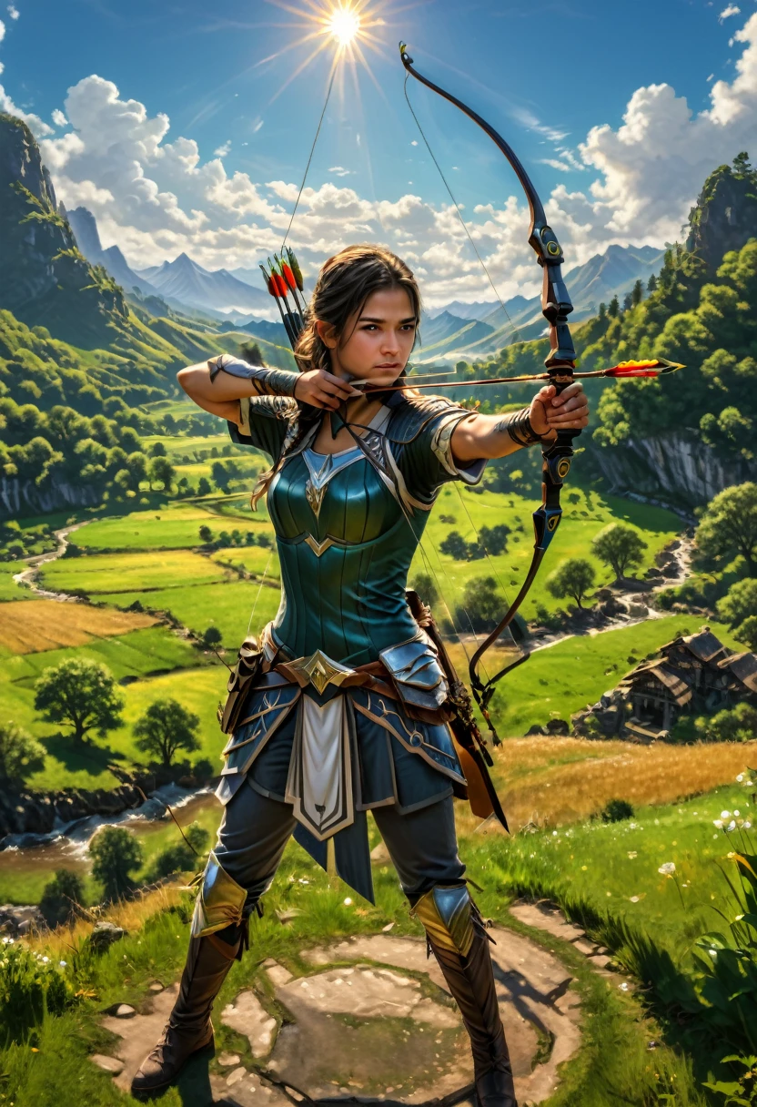 (Archer, bow and arrow), rural scenery, the sunlight falls on the archer, who is fully focused on practicing archery skills. The entire scene is filled with tranquility and persistence, with a beautiful rural scenery in the background, complemented by bright sunshine, full body, (Photography), panoramic view, award-winning, cinematic still, emotional, vignette, dynamic, vivid, (masterpiece, best quality, Professional, perfect composition, very aesthetic, absurdres, ultra-detailed, intricate details:1.3)