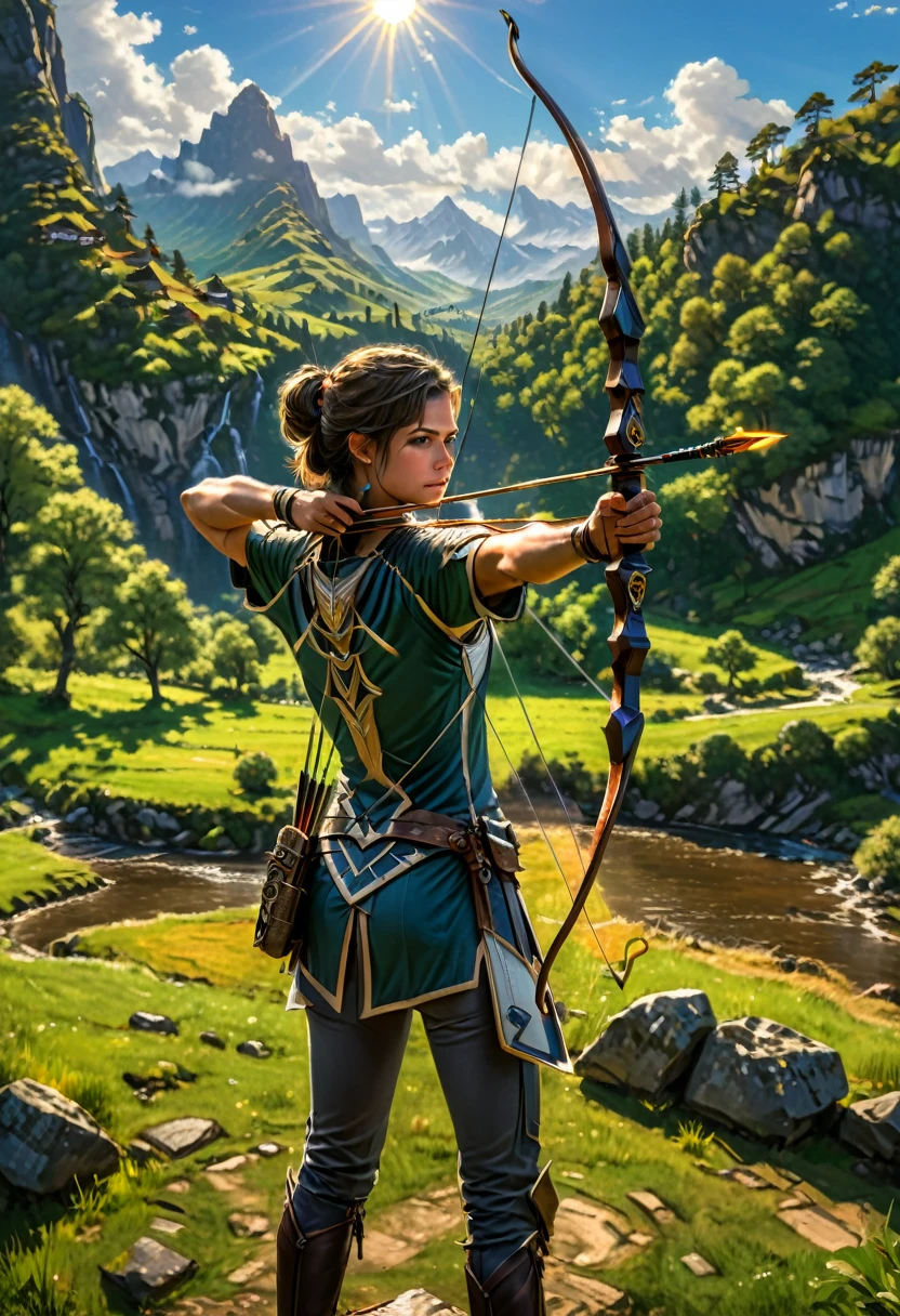 (Archer, bow and arrow), rural scenery, the sunlight falls on the archer, who is fully focused on practicing archery skills. The entire scene is filled with tranquility and persistence, with a beautiful rural scenery in the background, complemented by bright sunshine, full body, (Photography), panoramic view, award-winning, cinematic still, emotional, vignette, dynamic, vivid, (masterpiece, best quality, Professional, perfect composition, very aesthetic, absurdres, ultra-detailed, intricate details:1.3)