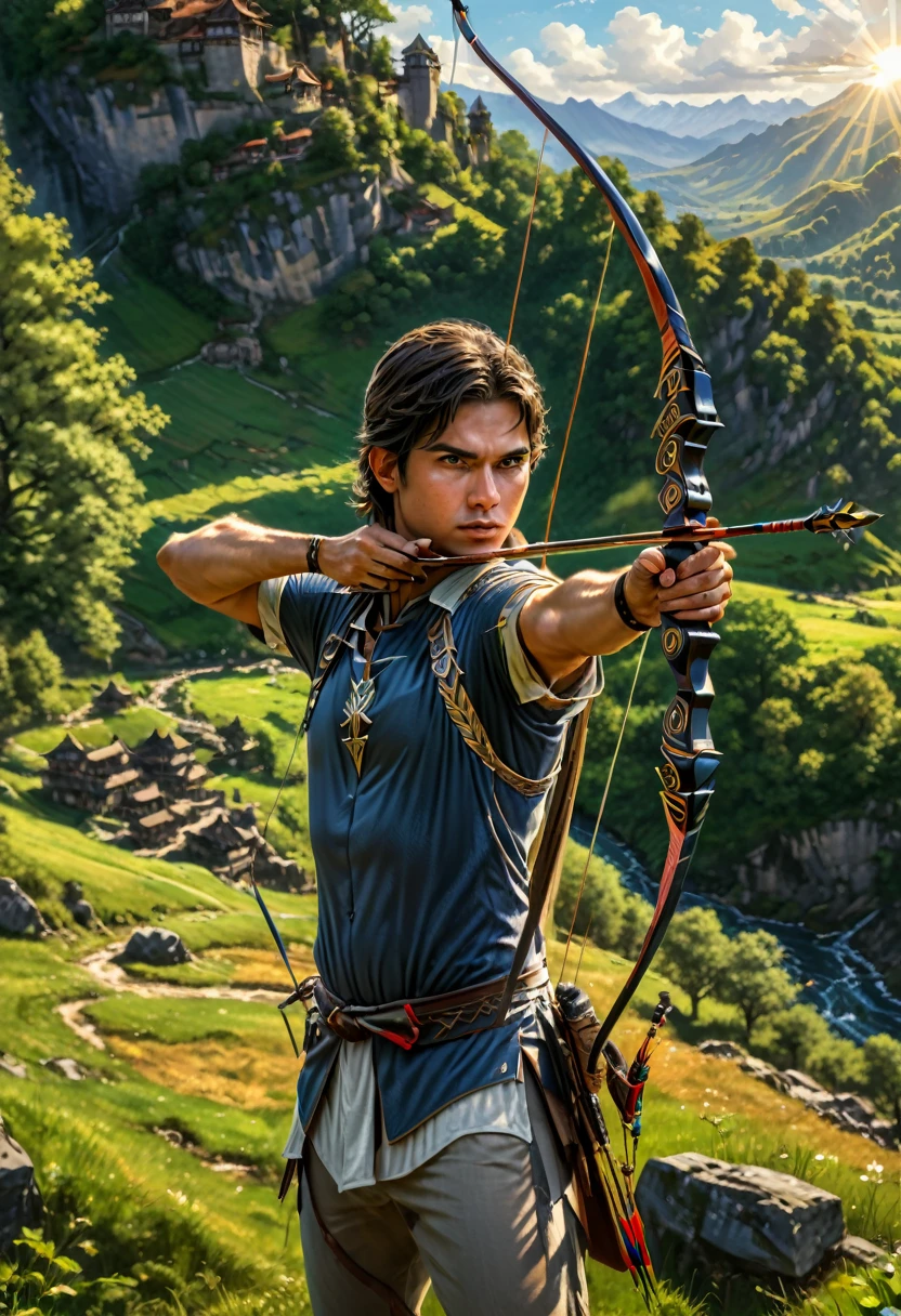 (Archer, bow and arrow), rural scenery, the sunlight falls on the archer, who is fully focused on practicing archery skills. The entire scene is filled with tranquility and persistence, with a beautiful rural scenery in the background, complemented by bright sunshine, full body, (Photography), panoramic view, award-winning, cinematic still, emotional, vignette, dynamic, vivid, (masterpiece, best quality, Professional, perfect composition, very aesthetic, absurdres, ultra-detailed, intricate details:1.3)