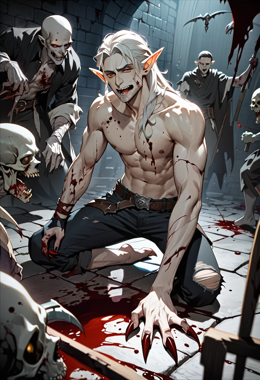 masterpiece, noise reduction, void noise, one male elf, Best quality, permission 8k, male focus, sharp image, Just focus, stunning composition, volumetric lighting, super quality, Very detailed, fantasy, Adult male zombie elf with very long white curly disheveled hair, pale, dead man with pale grayish skin, thin, skinny, with white stubble, expressive yellow eyes with a vertical pupil, cadaveric spots, crazy, shirtless, wearing fingerless gloves, torn pants, without shoes, in blood, sharp claws, smiles madly, sharp teeth, fantasy средневековье, Gloomy Dungeon