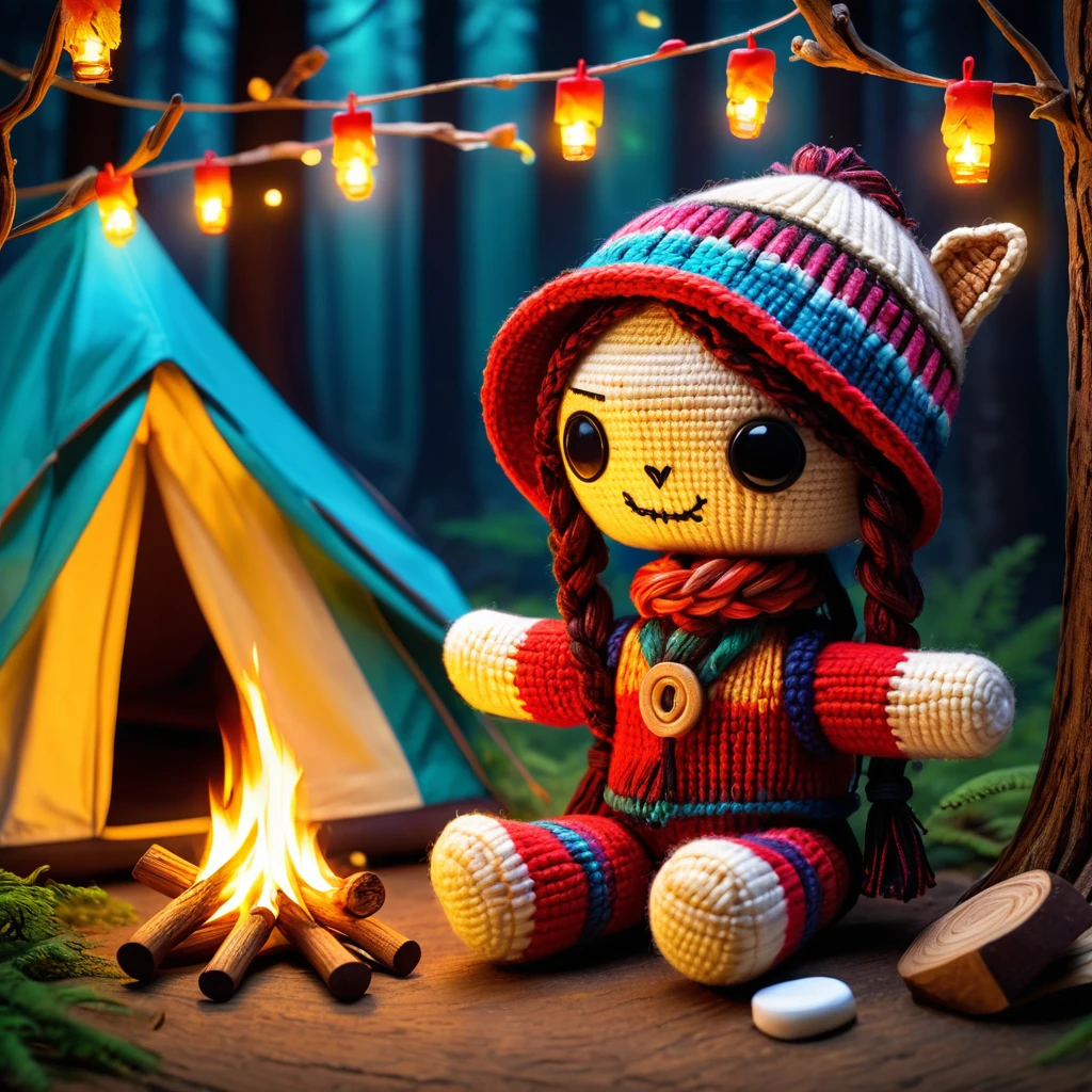 (knitted toy voodoo doll:1.2), (Voodoo Camper:1.3), (Clothing: camping attire with tent patterns:1.0), (Accessories: enchanted tent, glowing campfire, magical s'mores:1.2), (background: cozy campsite with floating fireflies, glowing tents, and mystical trees:1.2), best quality, masterpiece, detailed soft oil painting, detailed background, dramatic cinematic lighting, soft edge lighting, professional, dramatic lighting, hard edge lighting, ultra quality, 4k,masterpiece, best quality, 8k, ultra highres, highres, extremely detailed