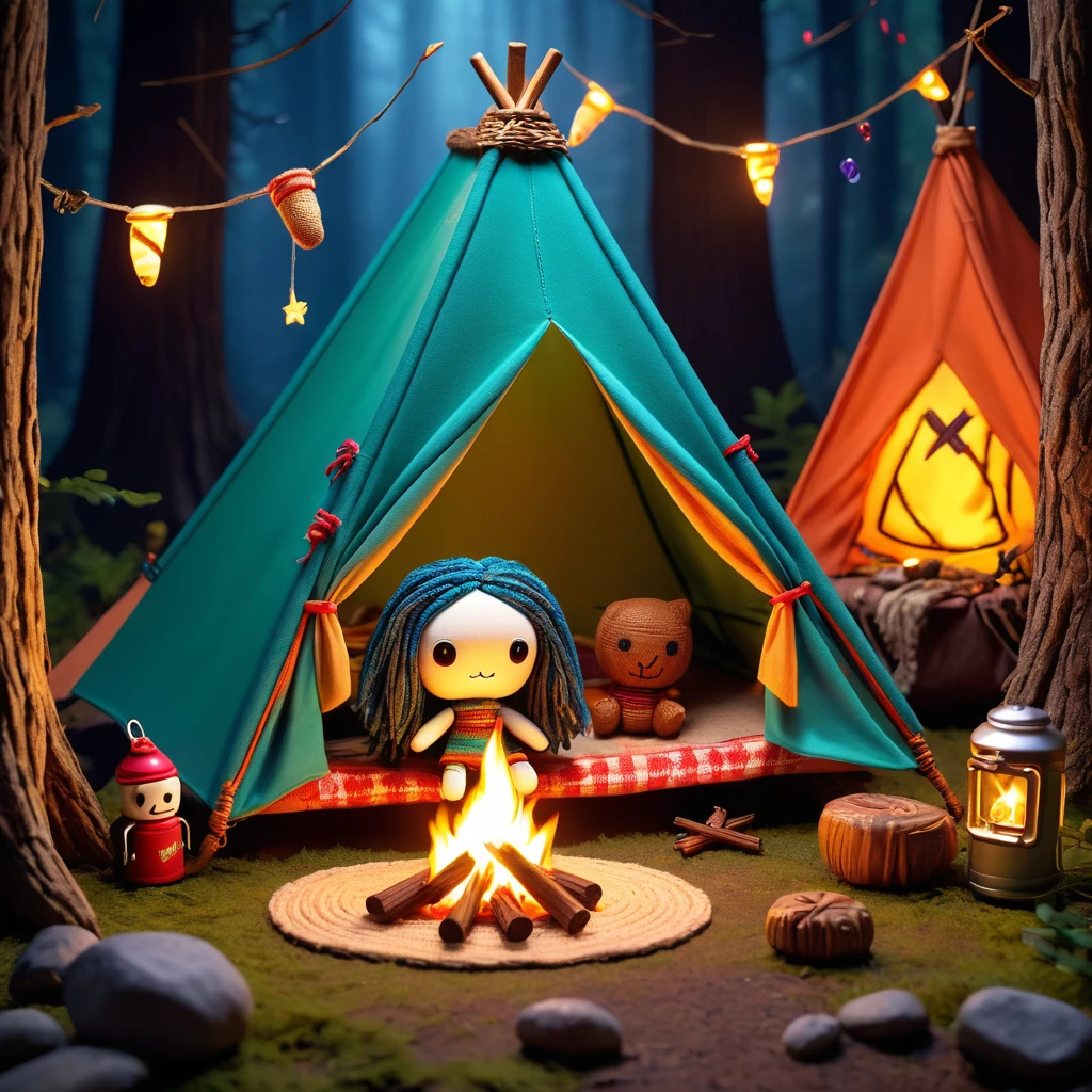 (knitted toy voodoo doll:1.2), (Voodoo Camper:1.3), (Clothing: camping attire with tent patterns:1.0), (Accessories: enchanted tent, glowing campfire, magical s'mores:1.2), (background: cozy campsite with floating fireflies, glowing tents, and mystical trees:1.2), best quality, masterpiece, detailed soft oil painting, detailed background, dramatic cinematic lighting, soft edge lighting, professional, dramatic lighting, hard edge lighting, ultra quality, 4k,masterpiece, best quality, 8k, ultra highres, highres, extremely detailed