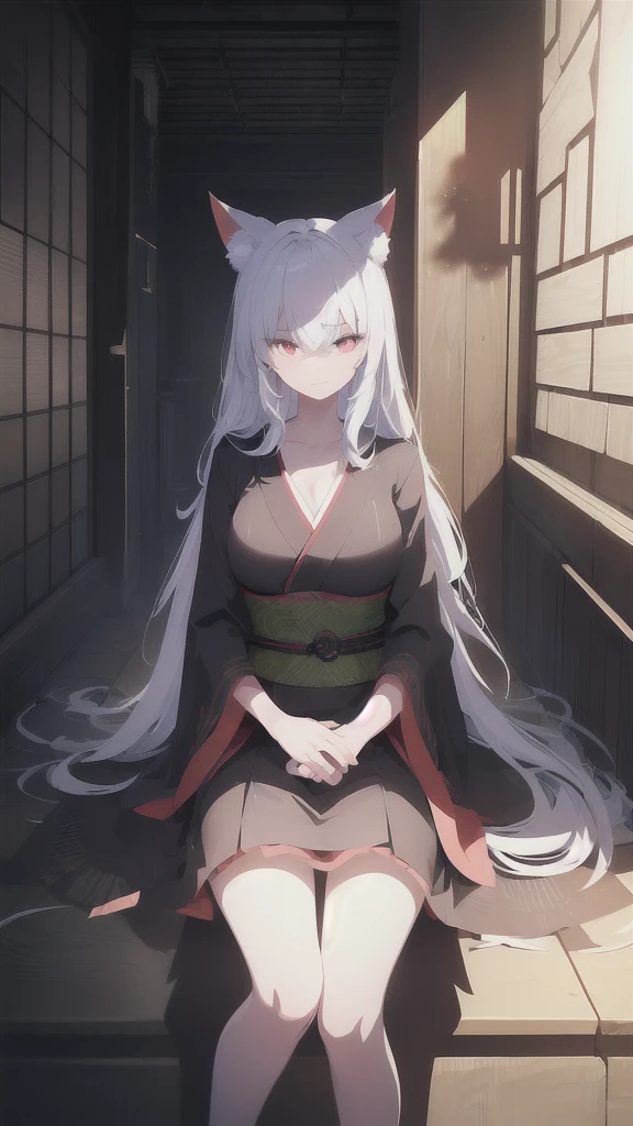 name: Yuuka-View UEST Art Research Element: UMBRANOX
Description: A kitsune sorceress hailing from the enchanted forests of Kyoto, Yuuka bewitches opponents with her powers over darkness and mist, where secrets are revealed and alliances are adjusted. Veiled in deception, she glows within the oubroiros, ensuring missteps cost opponents dearly.
Prompt: (((((Internal prime mover within the shadows, Enigmatic Fabricator, superior rendering, ultra-high definition)))), 1female, thoughtful, sitting, (silver fur, red eyes:1), short fox-like ears, long, traditional Japanese dress, ((pale skin discoloration:0.5, ashkin of age:0.3))), ((boyish face borderline feminine)), (((observant face:0.8, detailed face:0.9))), leaving way for rain, ruled Grafshil Woods, 35 years old, torn kimono revealing bandages (( revealed mysterious markings aligned alongImage.right())), ((hands crossed in her lap)), mysterious smirk, ((deep, shadowed eyes)), precise painting branches and magical contraptions, woodland surroundings, distinct subject, always watching you