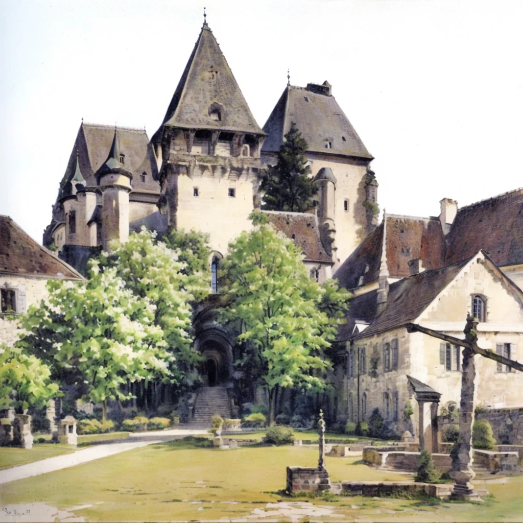 Painting of a castle with bell tower and garden, detmold charles maurice, by Sigmund Freudenberger, by Konrad Grob, by Karl Pümpin, by Georg Scholz, by Rudolf Schlichter, by Jürg Kreienbühl, old castle, by Adolf Born, by Adolf Fényes