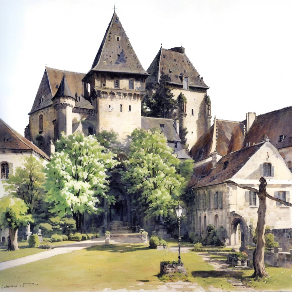 Painting of a castle with bell tower and garden, detmold charles maurice, by Sigmund Freudenberger, by Konrad Grob, by Karl Pümpin, by Georg Scholz, by Rudolf Schlichter, by Jürg Kreienbühl, old castle, by Adolf Born, by Adolf Fényes