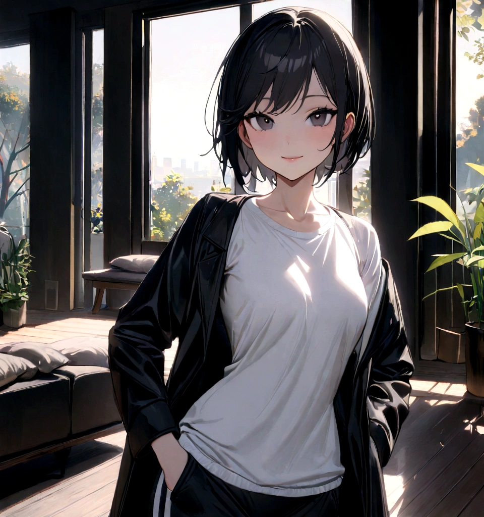 1 girl, tomboy, slim, beautiful, tall, attractive, ((short black hair))((black hair)), ((black eyes)), ((Girl wears: ((white shirt)), ((black jacket)), ((black gym short)))), ((living room)), looking at viewer, smiling warmly, hands in pocket, 8k, masterpiece, ray tracing
