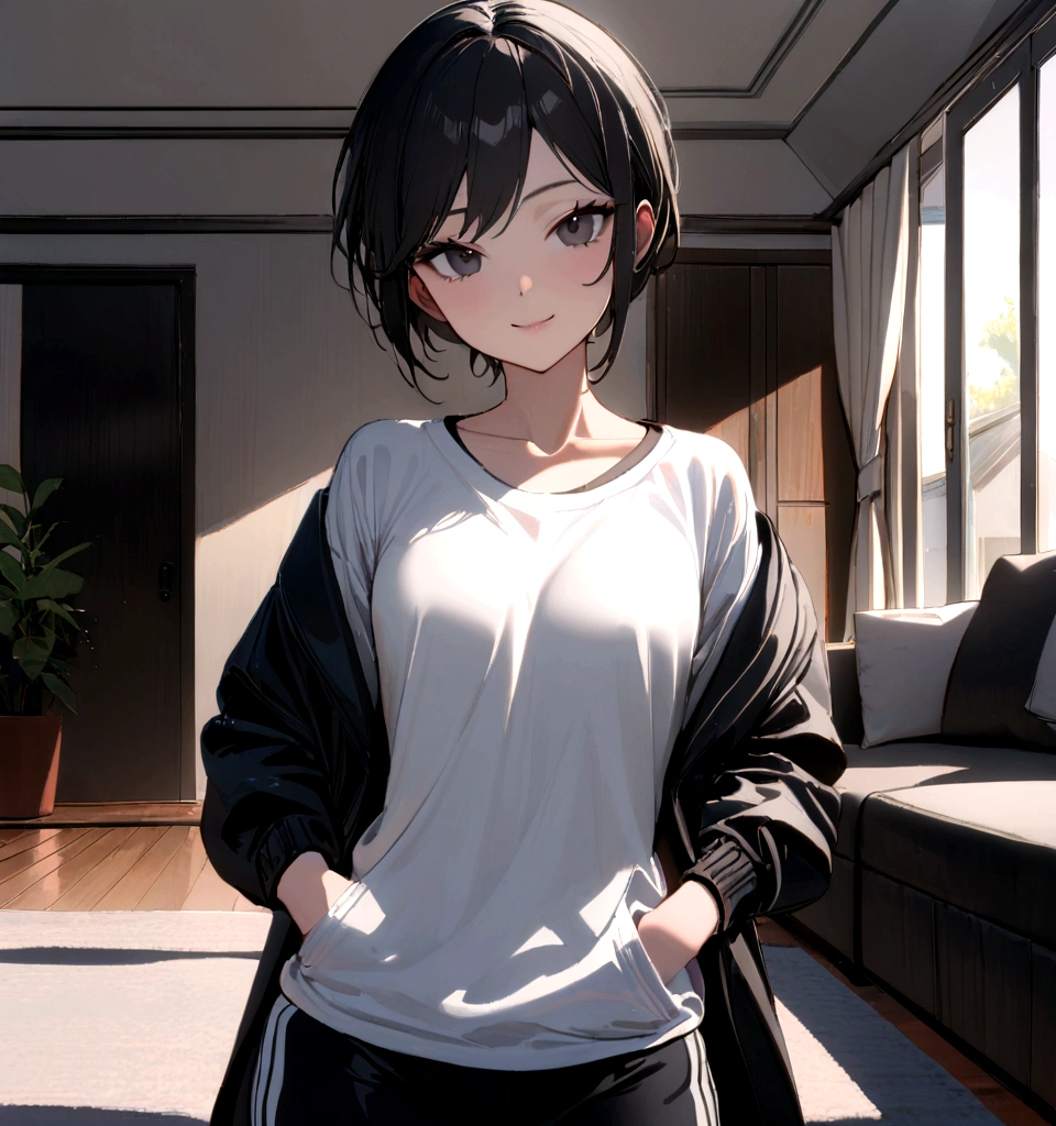 1 girl, tomboy, slim, beautiful, tall, attractive, ((short black hair))((black hair)), ((black eyes)), ((Girl wears: ((white shirt)), ((black jacket)), ((black gym short)))), ((living room)), looking at viewer, smiling warmly, hands in pocket, 8k, masterpiece, ray tracing