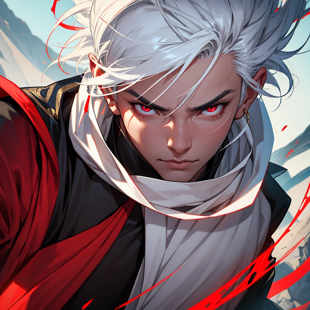 a young man with white hair and red eyes, chinese style outfit, solar obsidian aura, detailed facial features, detailed clothing, highly detailed, 8k, photorealistic, digital art, cinematic lighting, dramatic lighting, fantasy,