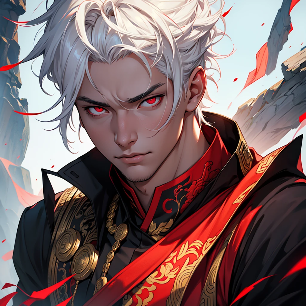 a young man with white hair and red eyes, chinese style outfit, solar obsidian aura, detailed facial features, detailed clothing, highly detailed, 8k, photorealistic, digital art, cinematic lighting, dramatic lighting, fantasy,