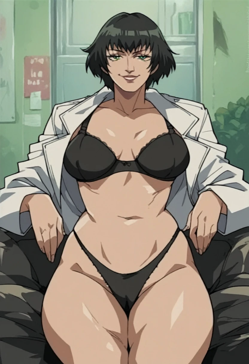 rating_explicit, lady (from devil may cry 5:1.1), black short hair, green eyes, perfect face, black bra, white jacket, naughy smile, black short, black thong panties, milf, mature, black jeans
