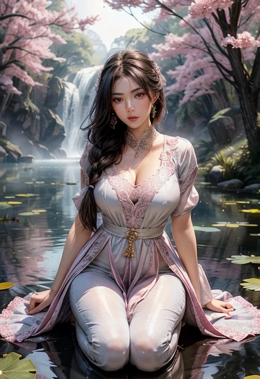 Kneeling in the lotus pond, Lots and lots of lotus flowers, The painting depicts an attractive woman in a long flowing dress, Pink silk traditional oriental dress, Skinny transparent pants, decorated with intricate patterns and bright colors. Her skirt fell gracefully over her curvaceous figure, Highlight her sexy silhouette. She kneels gracefully beside the peaceful lotus lake, Bathed in the soft moonlight. The scene exudes an ethereal and dreamy atmosphere, With a touch of mystery and sexiness. The graphic style is a blend of watercolor and digital illustration techniques，Create exquisite beauty and charm. The light is filled with soft moonlight, Casting soft highlights and shadows on her charming face. Bare thighs, 穿着Skinny transparent pants, Large Breasts, Three-dimensional facial features, Kneel down, Upturned legs, Side Braid, 2 Hands, 2 legs(((Full and soft breasts,)))(((Huge breasts))) (((Cleavage))) (Perfect curvy figure),